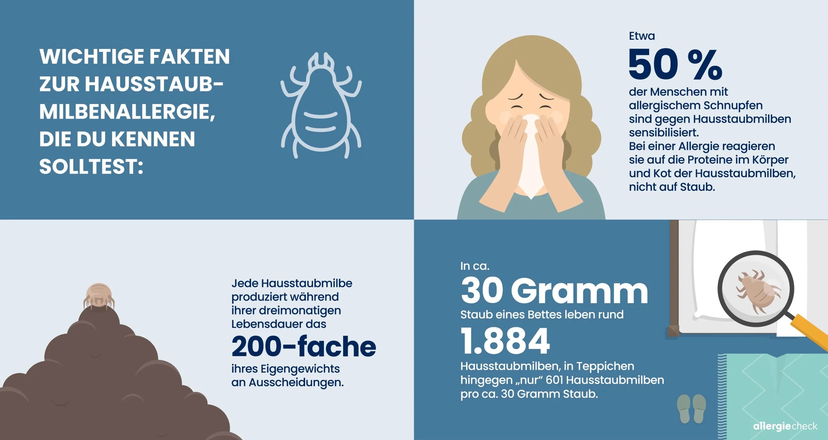 Infografik mit Fakten und Zahlen zur Hausstaubmilbenallergie, einschließlich der Anzahl Betroffener und Wissenswertes zu Milben