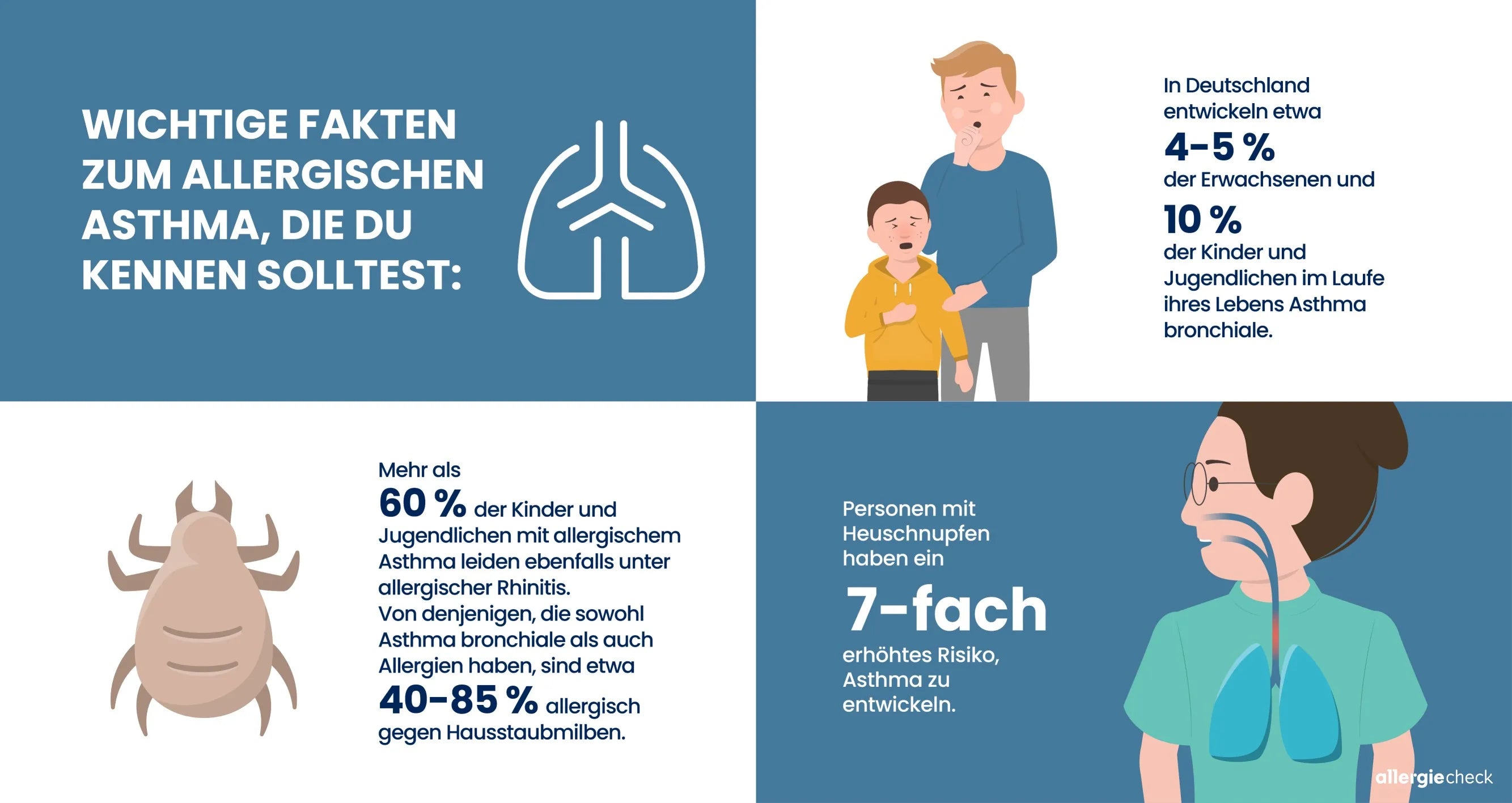 Infografik über allergisches Asthma, einschließlich der Anzahl betroffener Personen in Deutschland sowie einiger Risikofaktoren und Auslöser