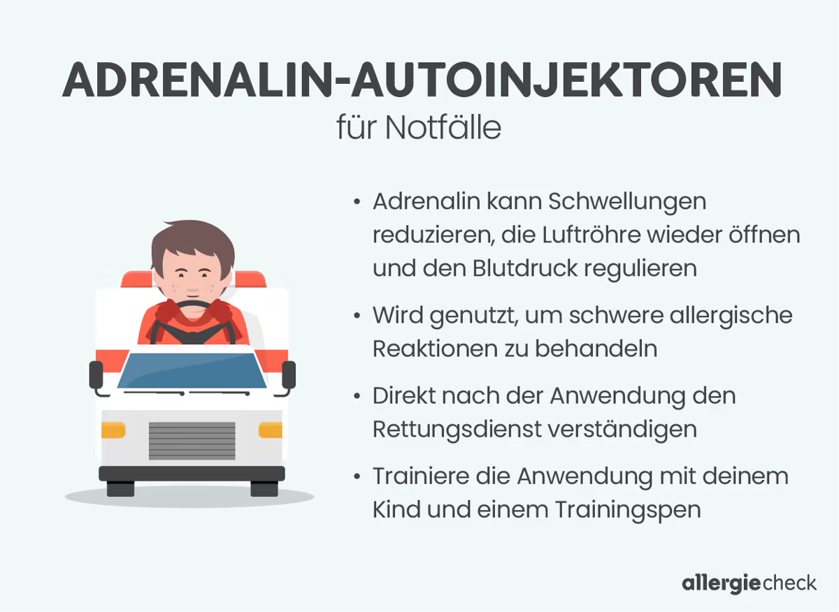 Infografik über Adrenalin-Autoinjektoren, ein Allergie-Notfallmedikament für Kinder. Details zur Infografik siehe unten.