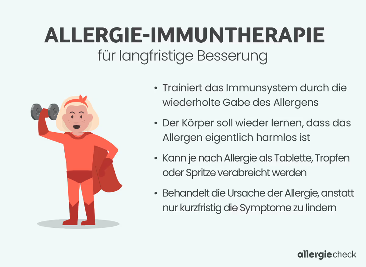 Infografik zur Allergie-Immuntherapie, einer Allergiebehandlung für Kinder, die langfristige Besserung bringen kann. Details zur Infografik siehe unten